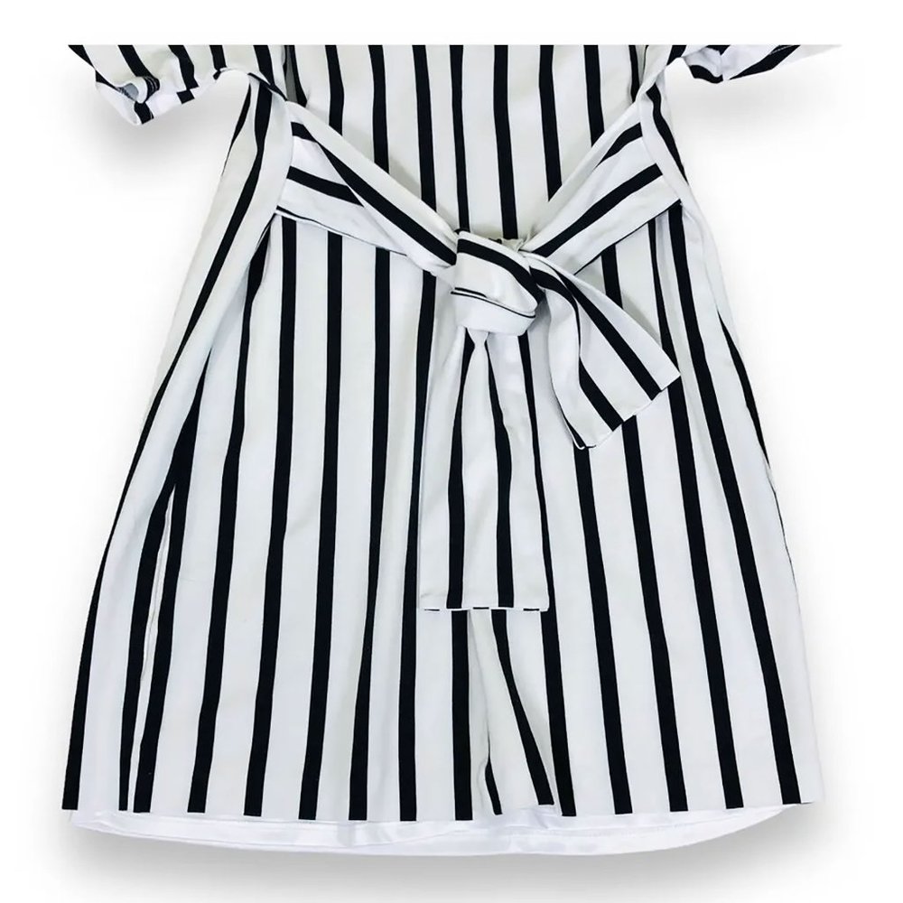Express Stripe Mini Dress Black White Short Sleeve Lined Tie Back